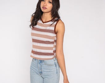 70s Brown Striped Tank Top Vintage Knit Texture V Neck Rib Trim Semi Sheer Fitted Shirt Clothing Earth Tone Minimal Layering Top Small S