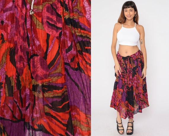 Floral Broomstick Skirt 90s Pleated Midi Skirt Semi-Sheer Flower Print Boho Hippie Drawstring Waist Black Purple Red Orange Vintage 1990s XL