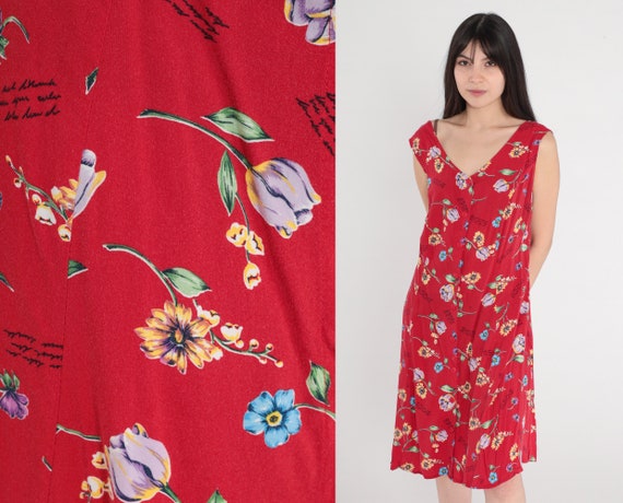 Red Floral Dress 90s Button up Mini Dress Cursive… - image 1