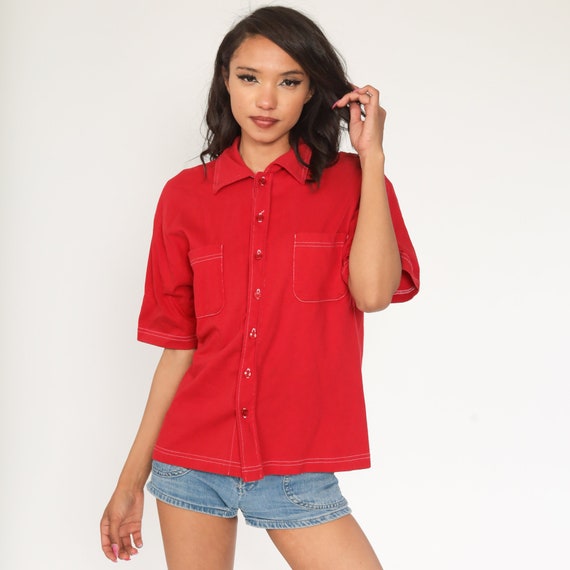 Red Shirt Button Up Shirt 70s Blouse Dagger Collar Boho 1970s Shirt Disco Top Vintage Collared Plain Short Sleeve Men's Medium