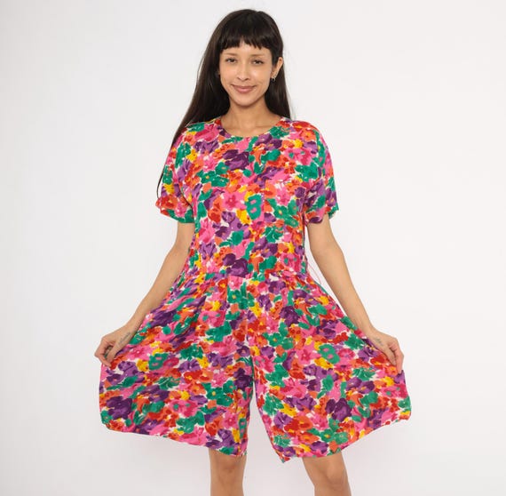 90s Floral Romper Pink Green Purple Watercolor Abstract Short Sleeve Pleated Shorts Button Back Colorful One Piece Jumpsuit Playsuit Small S