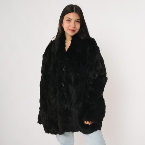 Vintage Y2K Black Rabbit Fur Coat Ashley Stewart Plush Soft Satin Lining Button Front Glam Party Winter Evening Jacket 2000s Outerwear 3X