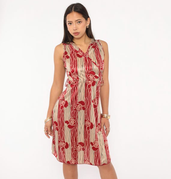 90s Rose Print Dress Red Cream Floral Sleeveless V Neck A Line Summer Spring Sundress Side Tie Waist Feminine Garden Party Vintage Small S