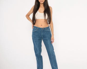 Pantalones vaqueros Wrangler estilo vaquero de los 90, pierna recta, mezclilla azul, cintura alta, estilo western, rodeo, lavado medio, ropa de trabajo para rancho, estilo vintage, talla 34 x 33.