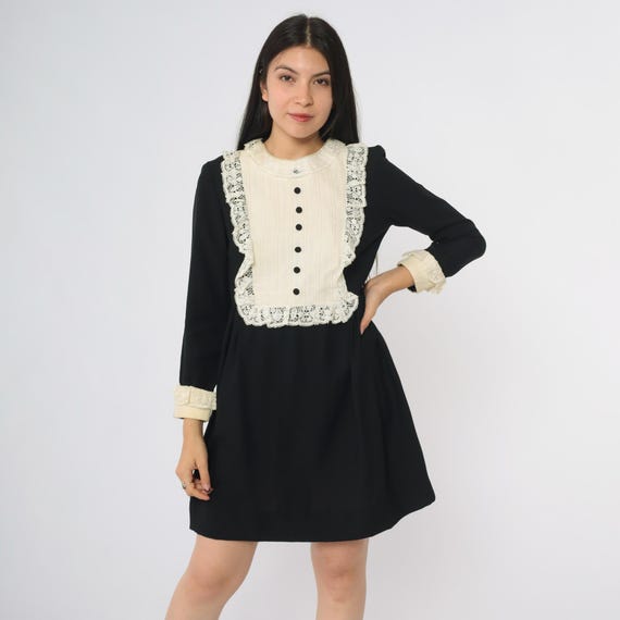 black dress with white lace trim Topshop lace insert mini dress with asymmetric sleeve in white and black