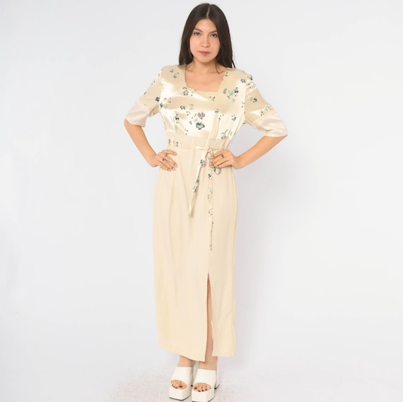 90s Floral Maxi Dress Cream Square Neck Blue Purple Pansy Print Half Sleeve Lace Trim Frederick's of Hollywood Romantic Cottagecore Medium M