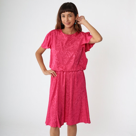 Hot Pink Floral Dress Embossed Midi Dress 80s Secretary Dress Short Flutter Sleeve Dress Abstract Vintage Blouson High Waisted 1980s Medium