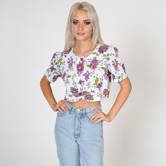 Floral Crop Top 90s Button up Blouse Puff Sleeve White Indian Flower Print Cropped Shirt Boho Summer Cotton Hippie Vintage 1990s Small S