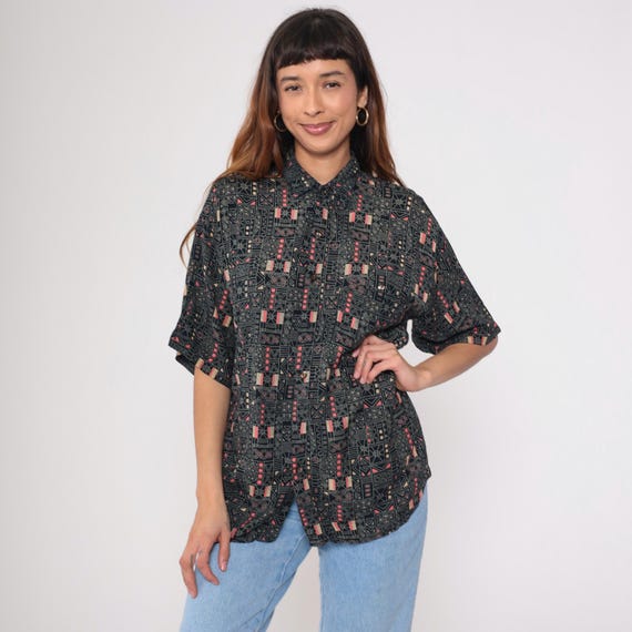 Geometric Button Up Shirt 90s Black Button Up Shirt Short Sleeve Vintage 1990s Oxford Shirt Pink Rayon Safari Medium Large