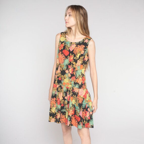 Vintage Floral Scooter Dress 80s Does 60s Mini Mod Drop Waist Dress Pleated Retro Twiggy Go Go Sleeveless Cotton 1980s Medium Large