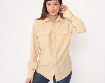 Western Shirt 70s Cream Pearl Snap Shirt Long Sleeve Button Up Retro Plain Rodeo Cowboy Ribbed Vintage 1970s Plain Large L