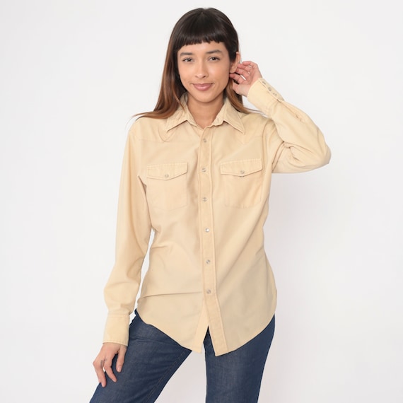 Western Shirt 70s Cream Pearl Snap Shirt Long Sleeve Button Up Retro Plain Rodeo Cowboy Ribbed Vintage 1970s Plain Large L