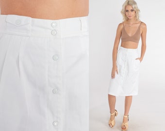 White Midi Skirt 80s Snap Up Pencil Skirt Retro Bohemian Summer High Waisted Simple Plain Preppy Knee Length Vintage 1980s Extra Small xs