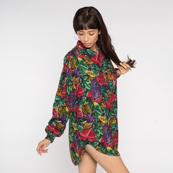 Tropical Floral Shirt 80s Button Up Blouse Dark F… - image 5