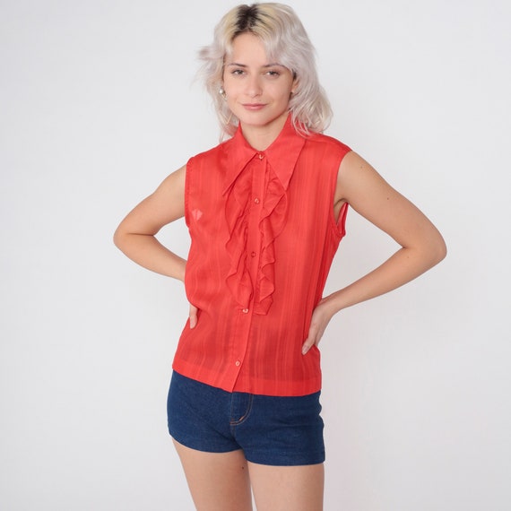 Red Ruffled Tank Top 70s Tuxedo Blouse Semi-Sheer Striped Sleeveless Shirt Button up Ruffle Jabot Dagger Collar Boho Vintage 1970s Medium M