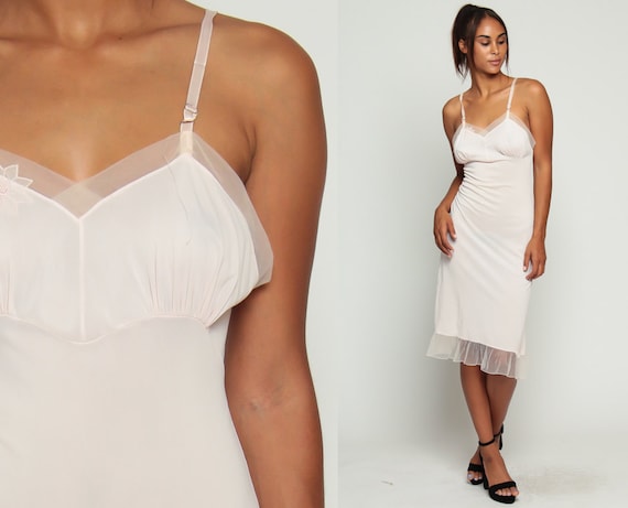 60s Nightgown Slip Dress Pastel BABY PINK Sheer Lingerie Babydoll Midi EMBROIDERED Floral Nylon 1960s Vintage Empire Waist Small 34