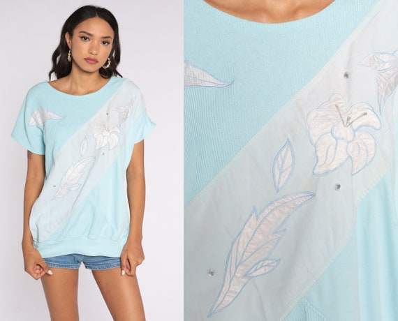 80s Floral Shirt Baby Blue Top Pastel Print Slouchy Graphic Tropical Blouse Short Sleeve T Shirt 1980s Vintage retro xxl 3xl 2xl