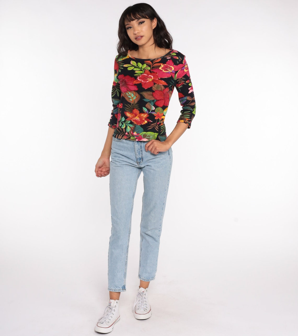 Sequin Floral Blouse Y2K Shirt Long 3/4 Sleeve Top Tropical - Etsy