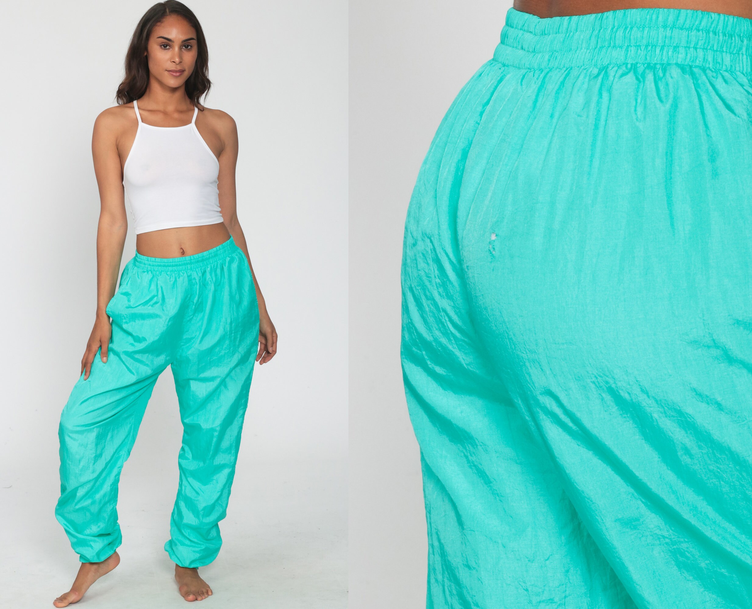 Turquoise Track Pants 90s Green Nylon Jogging Pants Warmup Track Suit Athletic Vintage Gym