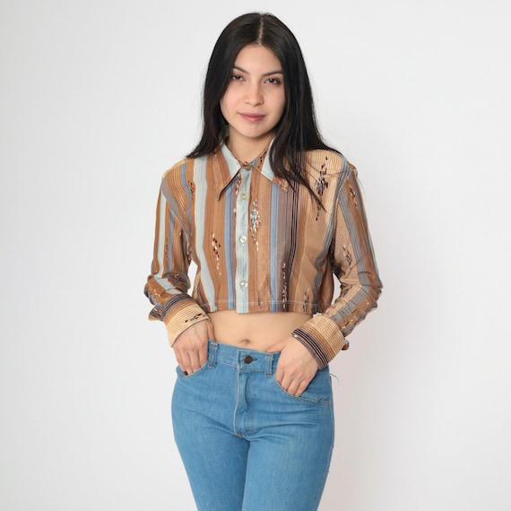 Striped Crop Top 70s Raindrop Print Blouse Button up Cropped Shirt Long Sleeve Disco Brown Green Boho Retro Vintage 1970s Small Medium