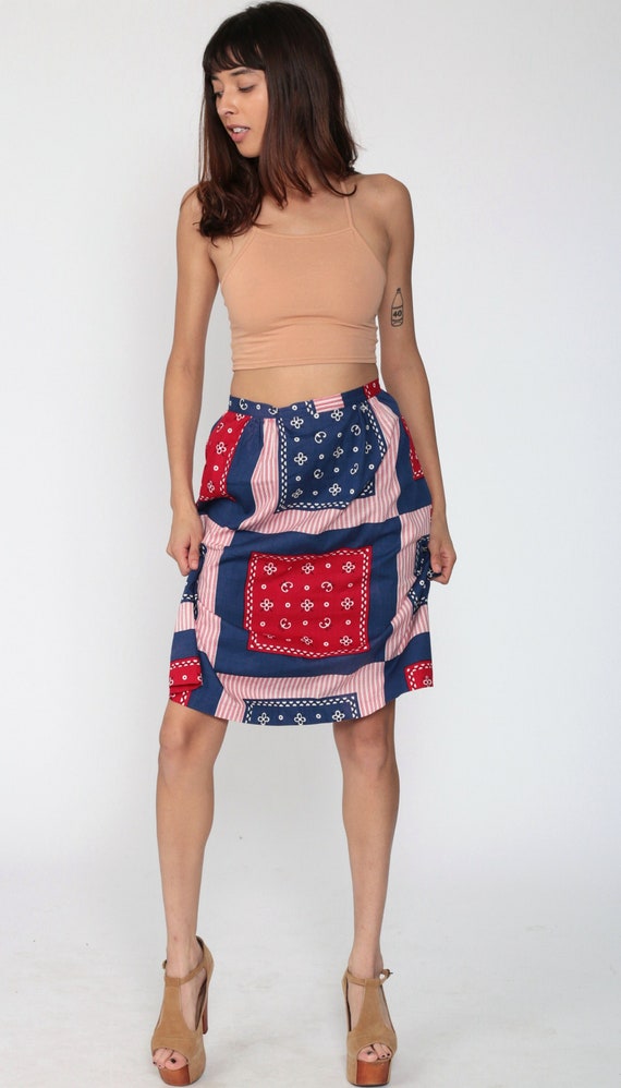 Bohemian Hippie Skirt Handkerchief Skirt Midi 70s Patchwork Print High Waisted Scarf 1970s Boho Vintage Bohemian Retro Red Blue Small 4