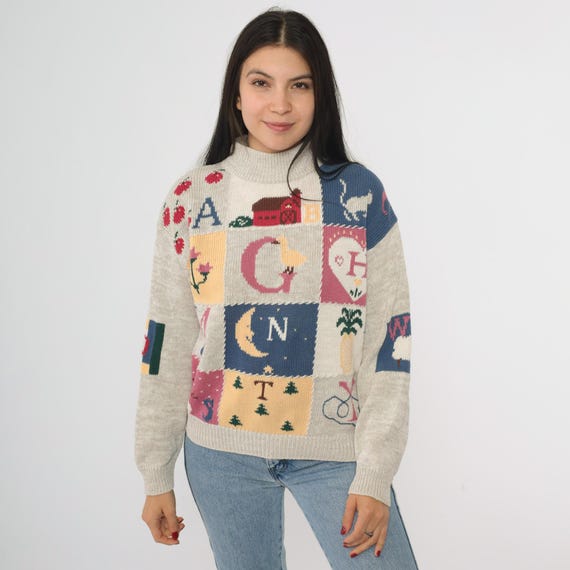 Woolrich Alphabet Sweater 90s Farm Animal Knit Turtleneck Wool Pullover Beige Multi Color Patchwork Design Country Novelty Winter Small S