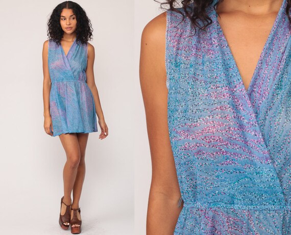 1970s Dress 70s Boho Mini Blue Deep V Neck WRAP High Waist VINTAGE Wavy Stripe Sleeveless Bohemian Summer Pink Grecian Party Medium Large