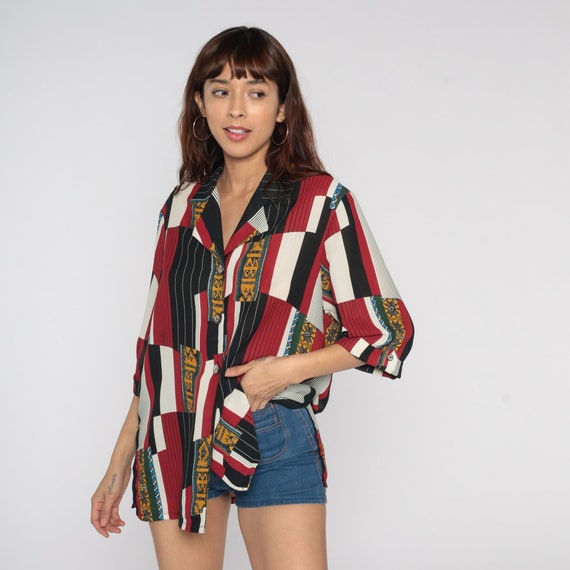Geometric Button Up Shirt 80s Striped Shirt Button Up Shirt Short Sleeve Vintage 1980s Red Black White Yellow Large L