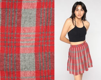 60s Mini Skirt Plaid Wool School Girl Skirt High Waist Preppy Checkered Retro Lolita Red Grey Checkered Uniform Vintage 1960s Extra Small xs