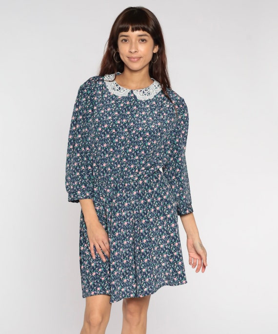 80s Floral Dress Blue Mini LACE COLLAR Dress Granny Dress Wildflower High Waisted Boho Vintage Pink Grunge 90s Extra Large xl