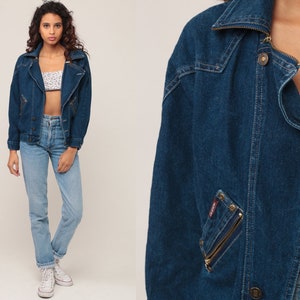 Blouson motard en jean des années 80, veste en jean calebasse Jeans, veste de moto des années 80, blouson vintage hipster aviateur bleu, veste rétro très petite xs