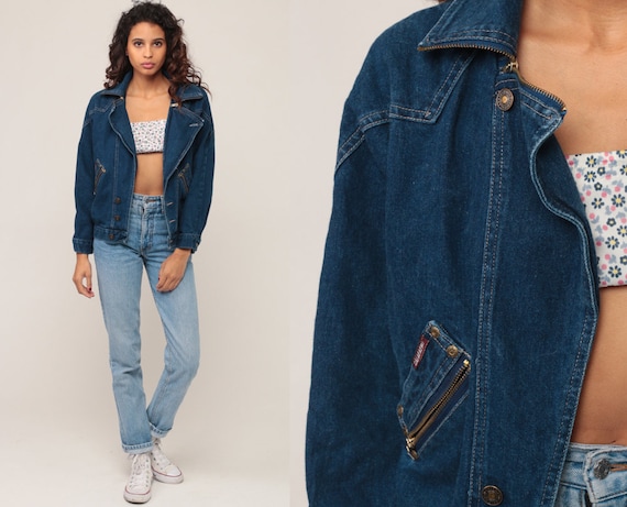 Denim Biker Jacket 80s Jean Jacket Calabash Jeans Motorcycle Jacket 1980s Vintage Hipster Bomber Blue Coat Retro Jacket Extra Small xs