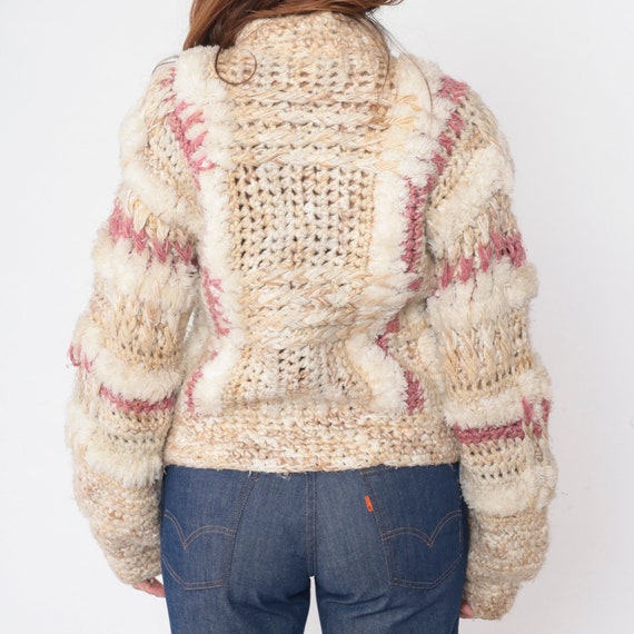 Chunky Knit Sweater 70s Zip Up Fuzzy Cardigan Tan… - image 7