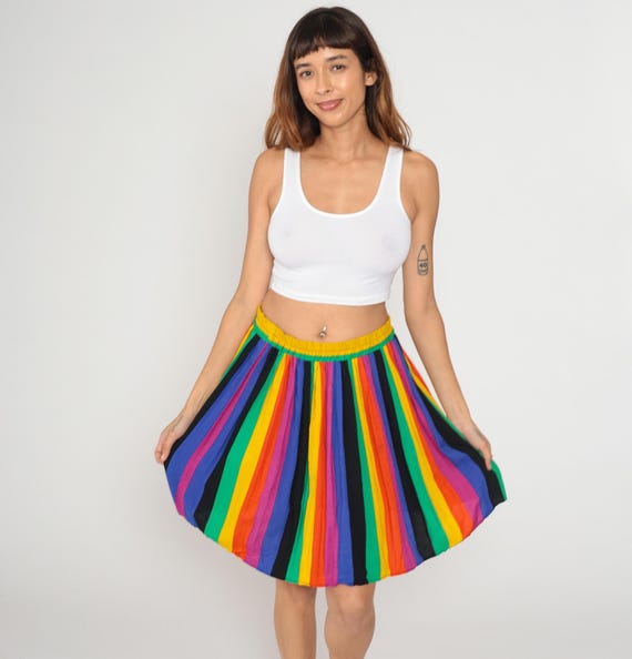Rainbow Stripe Mini Skirt 80s High Waisted Circle A Line Vintage Bright Neon Yellow Green Blue Red Pink Purple Black Orange Summer Medium M