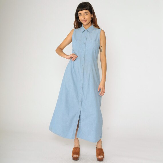 Vintage Chambray Button Up Dress 90s Blue A-Line Dress Midi Sleeveless Shirtdress Plain Yacht Summer Sundress 1990s Collared Small S