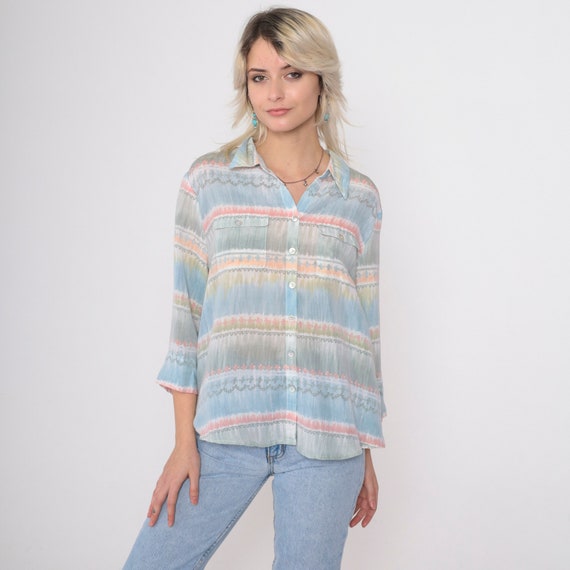 Muted Striped Blouse 90s Rayon Button Up Shirt Retro Long 3/4 Sleeve Top Preppy Basic Pastel Chest Pocket Vintage 1990s Petite Large