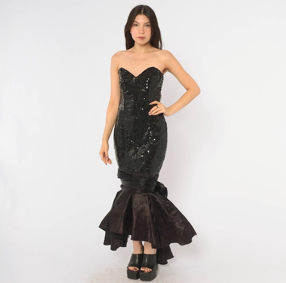 90s Sequin Mermaid Gown Black Strapless Sweetheart Maxi Dress Zum Zum Prom Party Fishtail Glam Cocktail Evening Formal Gothic Vintage Small
