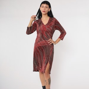 90s Faux Wrap Dress Red Striped Clingy V Neck Black White Sheath Dress Vintage 1990s 3/4 Sleeve Minidress Stretchy Medium