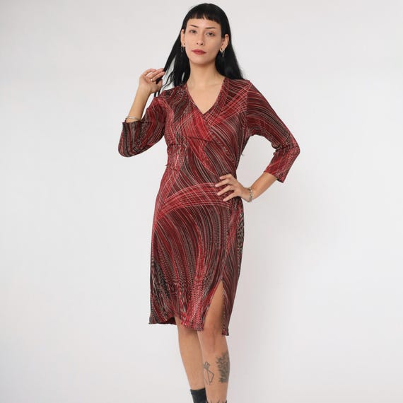 90s Faux Wrap Dress Red Striped Clingy V Neck Black White Sheath Dress Vintage 1990s 3/4 Sleeve Minidress Stretchy Medium