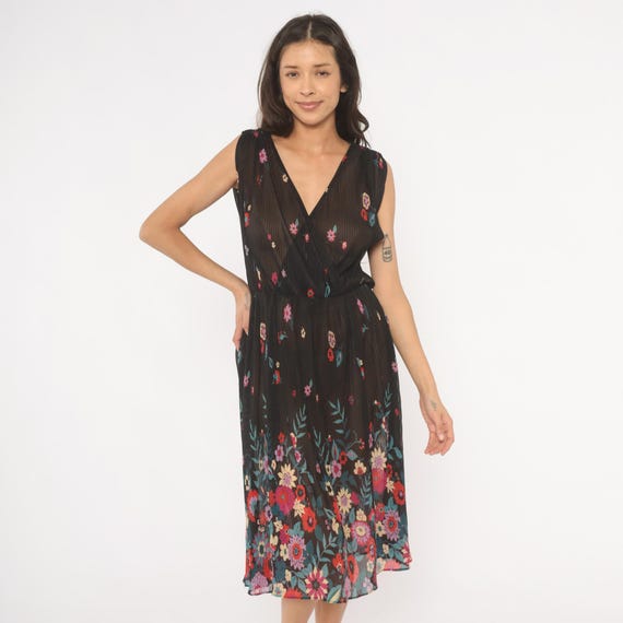 80s Sheer Floral Dress Black Chiffon Wrap Neckline Sleeveless Midi Garden Party Pleated Skirt Teal Wildflower Print Vintage Small Medium S M