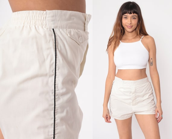80s Swim Shorts -- Ecru White BVD Swim Trunks High Waisted Swimsuit 70s Retro Vintage 1980s Bathing Suit Beach Elastic Waist Small Medium