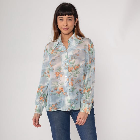 70s Berry Blouse Vintage Sheer Blue Orange Watercolor Floral Button Up Long Sleeve Cherry Fruit Botanical Summer Top Lightweight Large L