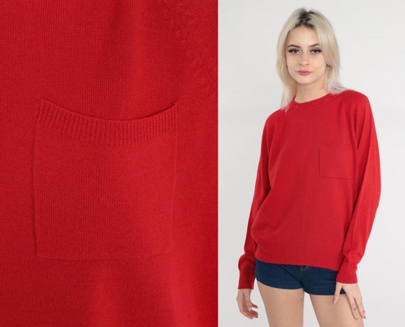 Red Knit Sweater 90s Plain Lambswool Pullover Crewneck Jumper Lambs Wool Blend Pocket Sweater Basic Minimalist Solid Vintage 1990s Medium M