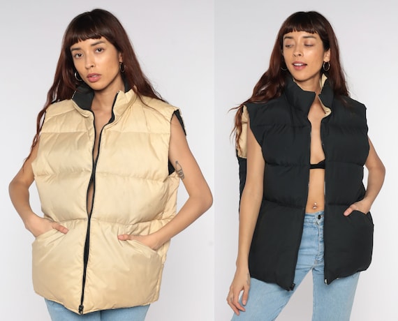 Vintage Ski Vest Puffer Vest REVERSIBLE Goose Down Filled Vest Black Tan Sleeveless Jacket 70s 80s Puffy Retro Hipster Men's Extra Large XL