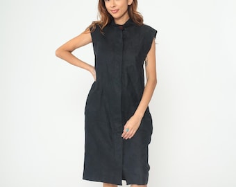 90s Black Linen Dress Mandarin Collar Sleeveless Shift Button Front Textured Minimalist Midi Asian Inspired Office Wear Large L 12