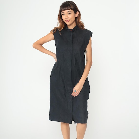 90s Black Linen Dress Mandarin Collar Sleeveless Shift Button Front Textured Minimalist Midi Asian Inspired Office Wear Large L 12