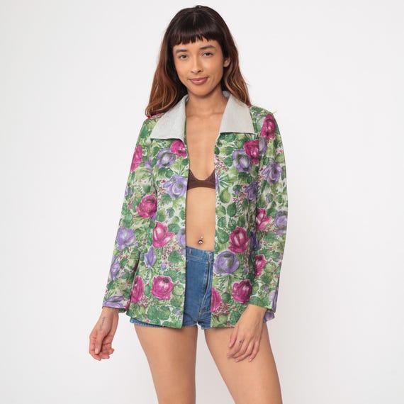 70s Floral Blazer Vintage Pink Purple Rose Print Jacket White Collar Spring Garden Party Cottagecore Psychedelic Metallic Thread Small S