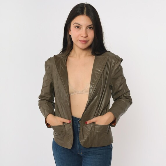 80s Brown Leather Blazer Jacket Puff Sleeve Open Front Jacket Deep V Neck Bohemian 1980s Boho Hippie Coat Vintage Hipster Small S