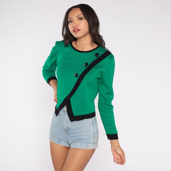 Emerald Green Crop Cardigan 80s Black Trim Asymmetrical Button Front Sweater Jacket Knit Preppy Dark Academia Alternative Office Wear Small