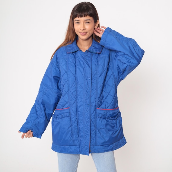 80s Quilted Jacket Blue Diamond Pattern Snap Front Red Lining Puffer Style Winter Coat Vintage Sporty Outdoor Puffy Athletic Casual Medium M